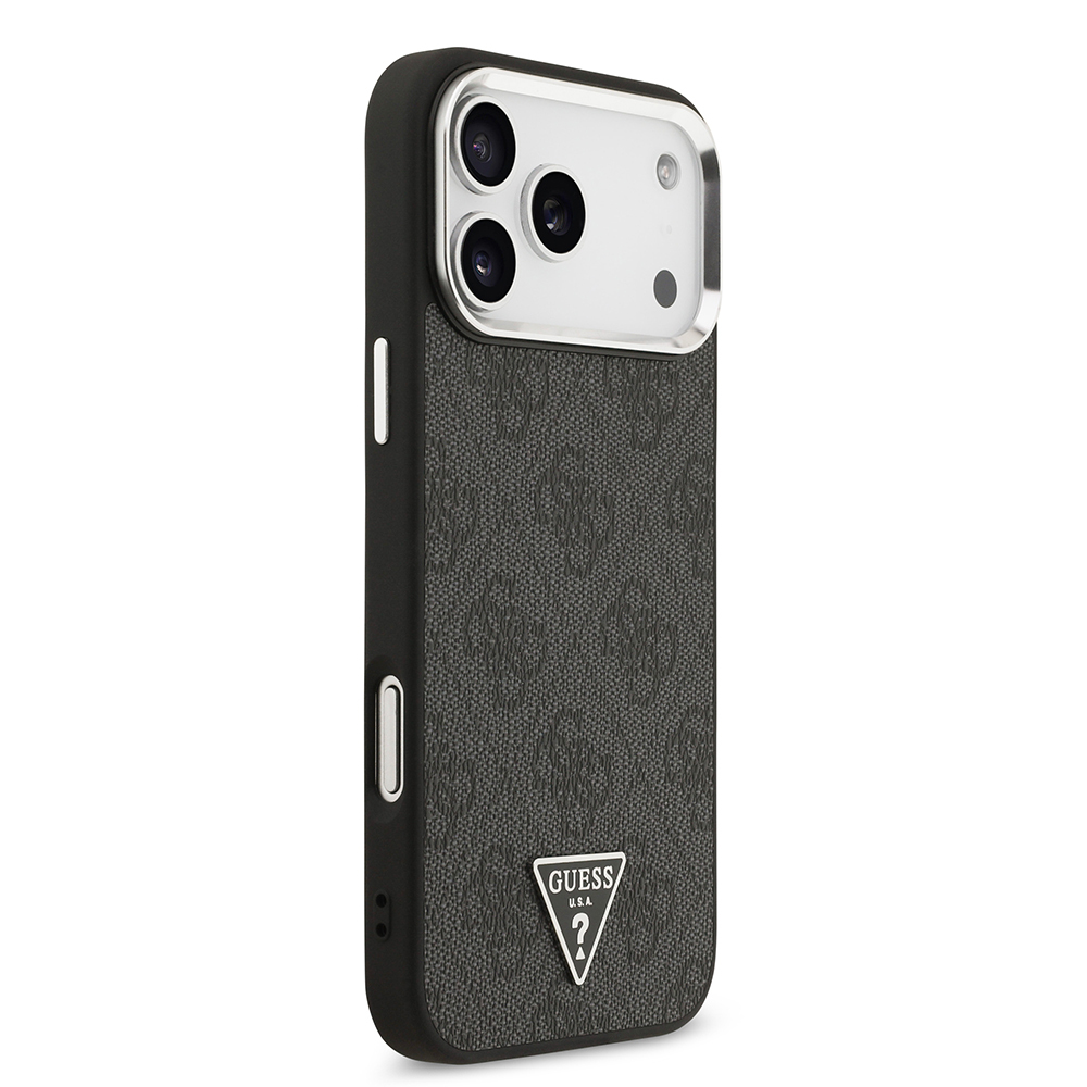 Apple iPhone 17 Pro Max Case Guess Original Licensed M-safe Charging Feature Gold Metal Camera Frame Stone Triangle Logo 4G Patterned Cover - 6