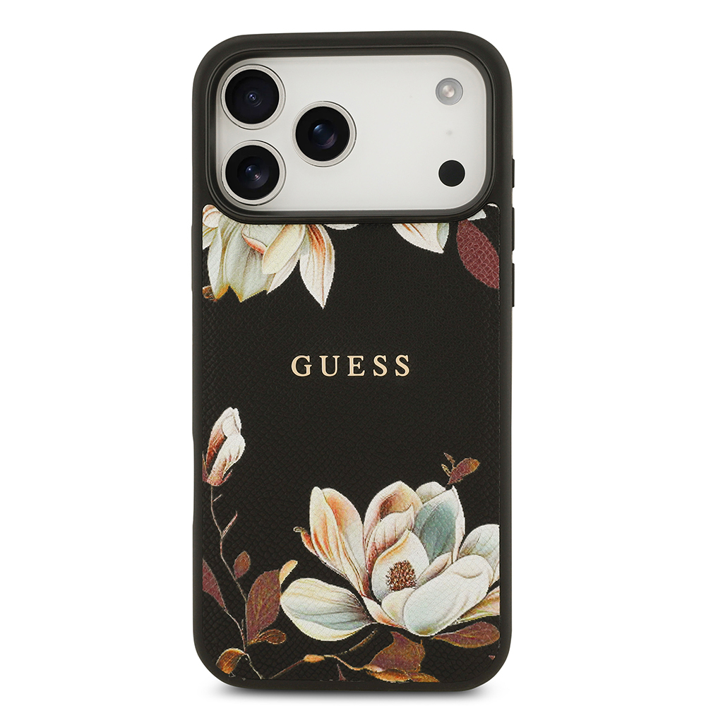 Apple iPhone 17 Pro Max Case Guess Original Licensed M-Safe Charging Feature Grained Flower Design Metal Lettering Logo Cover - 4