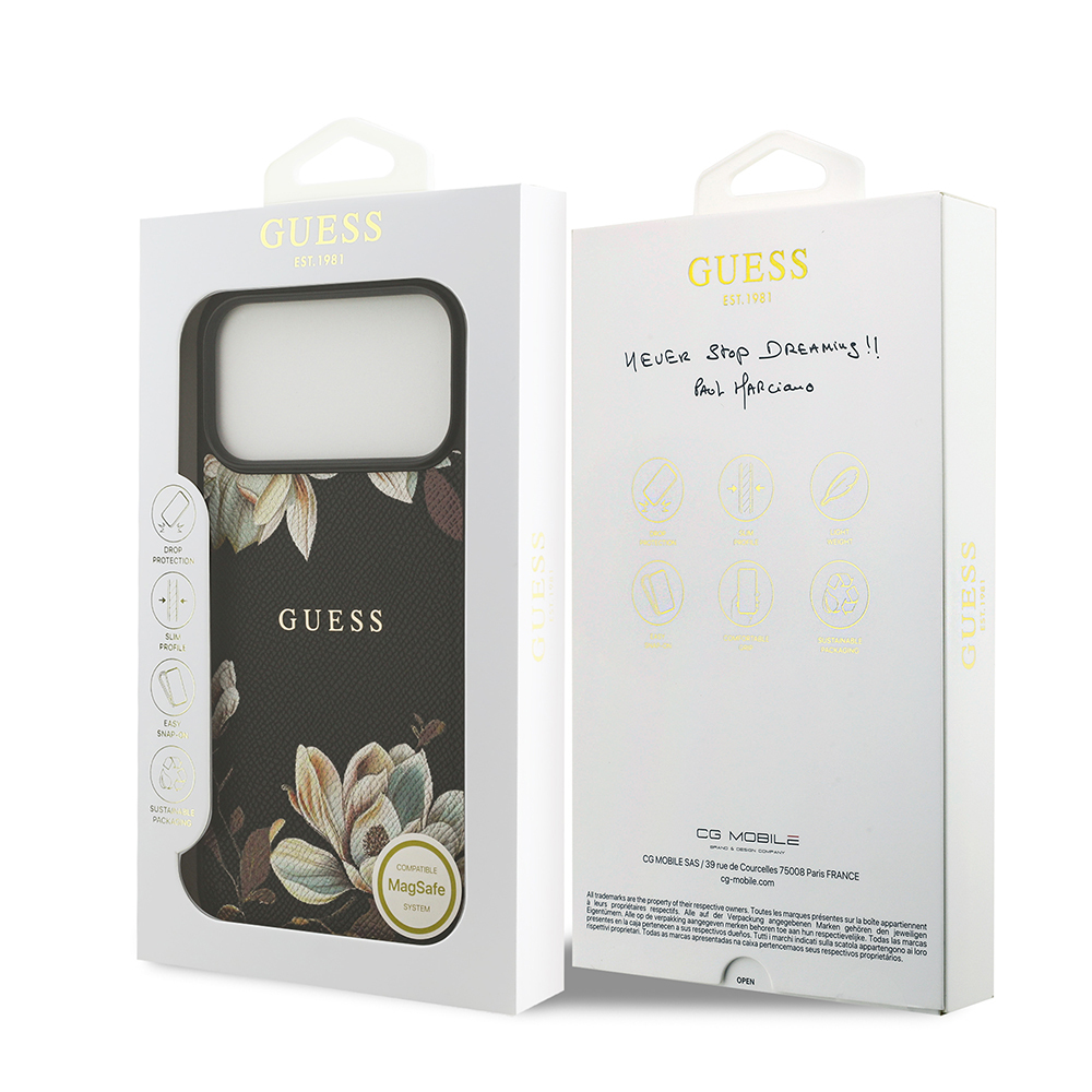 Apple iPhone 17 Pro Max Case Guess Original Licensed M-Safe Charging Feature Grained Flower Design Metal Lettering Logo Cover - 9