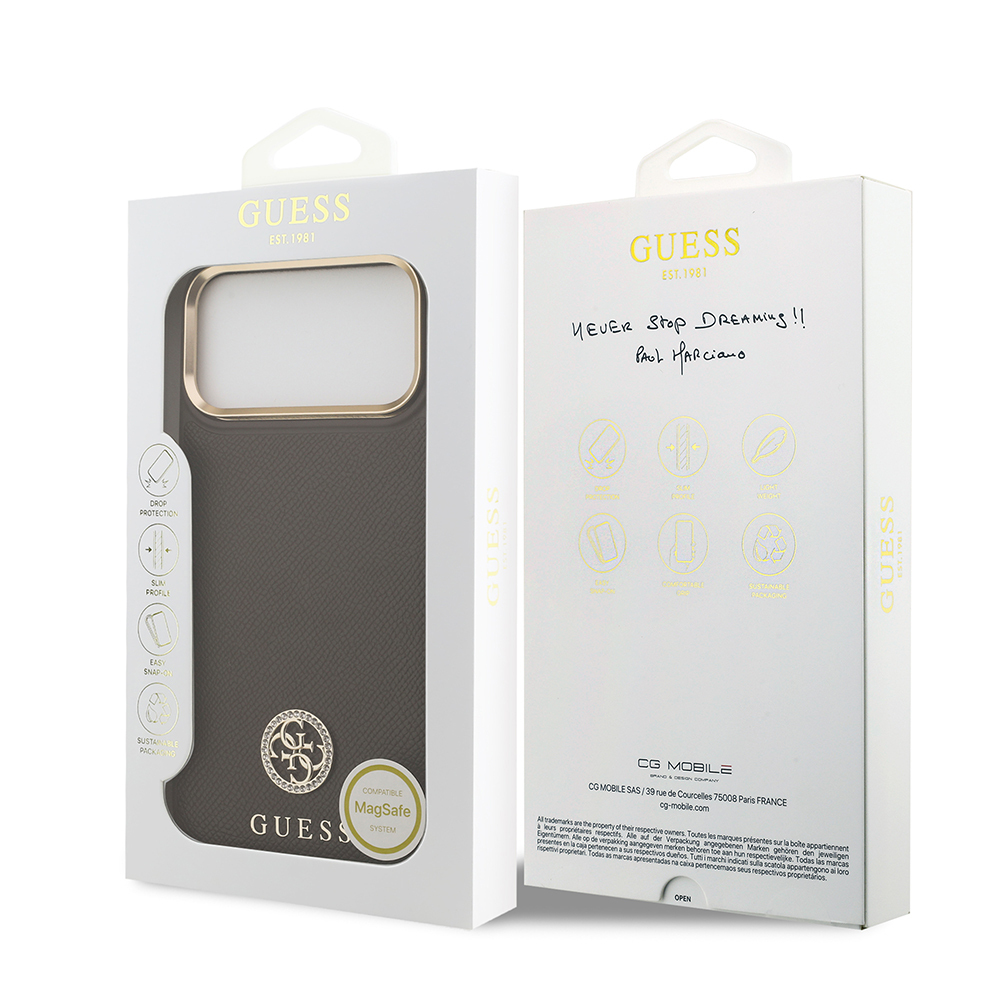 Apple iPhone 17 Pro Max Case Guess Original Licensed M-Safe Charging Feature Grained Text and Stone 4G Logo Cover - 25