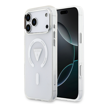 Apple iPhone 17 Pro Max Case Guess Original Licensed M-Safe Charging Feature IML Printed Triangle Logo Metal Camera Frame Cover Şeffaf