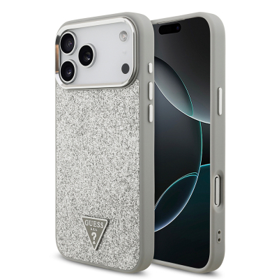 Apple iPhone 17 Pro Max Case Guess Original Licensed M-Safe Charging Feature Metal Camera Frame Triangle Logo Glitter Cover Grey