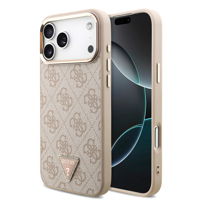 Apple iPhone 17 Pro Max Case Guess Original Licensed M-safe Charging Feature Stone Triangle Logo 4G Patterned Cover Pink