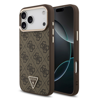 Apple iPhone 17 Pro Max Case Guess Original Licensed M-safe Charging Feature Stone Triangle Logo 4G Patterned Cover Brown