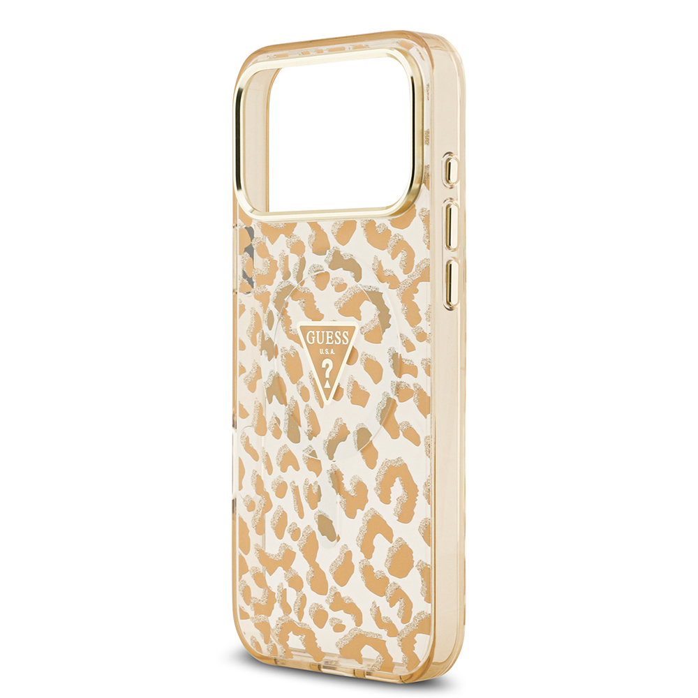 Apple iPhone 17 Pro Max Case Guess Original Licensed M-Safe Charging Feature Triangle Logo Glitter Leopard Pattern Cover - 8