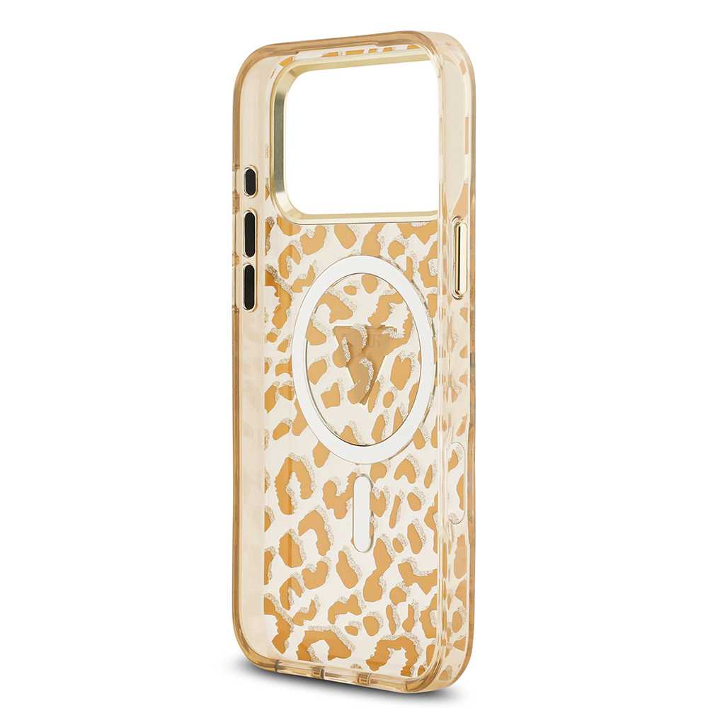 Apple iPhone 17 Pro Max Case Guess Original Licensed M-Safe Charging Feature Triangle Logo Glitter Leopard Pattern Cover - 9
