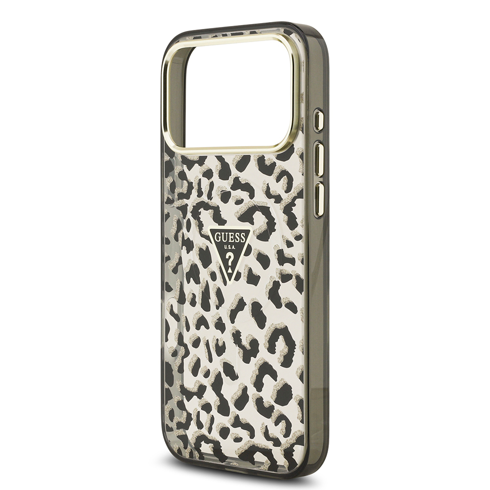 Apple iPhone 17 Pro Max Case Guess Original Licensed M-Safe Charging Feature Triangle Logo Glitter Leopard Pattern Cover - 14