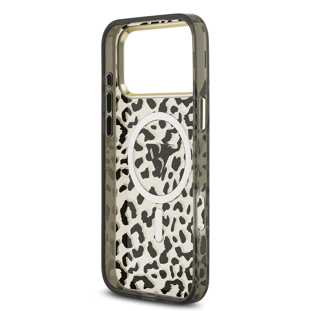 Apple iPhone 17 Pro Max Case Guess Original Licensed M-Safe Charging Feature Triangle Logo Glitter Leopard Pattern Cover - 15
