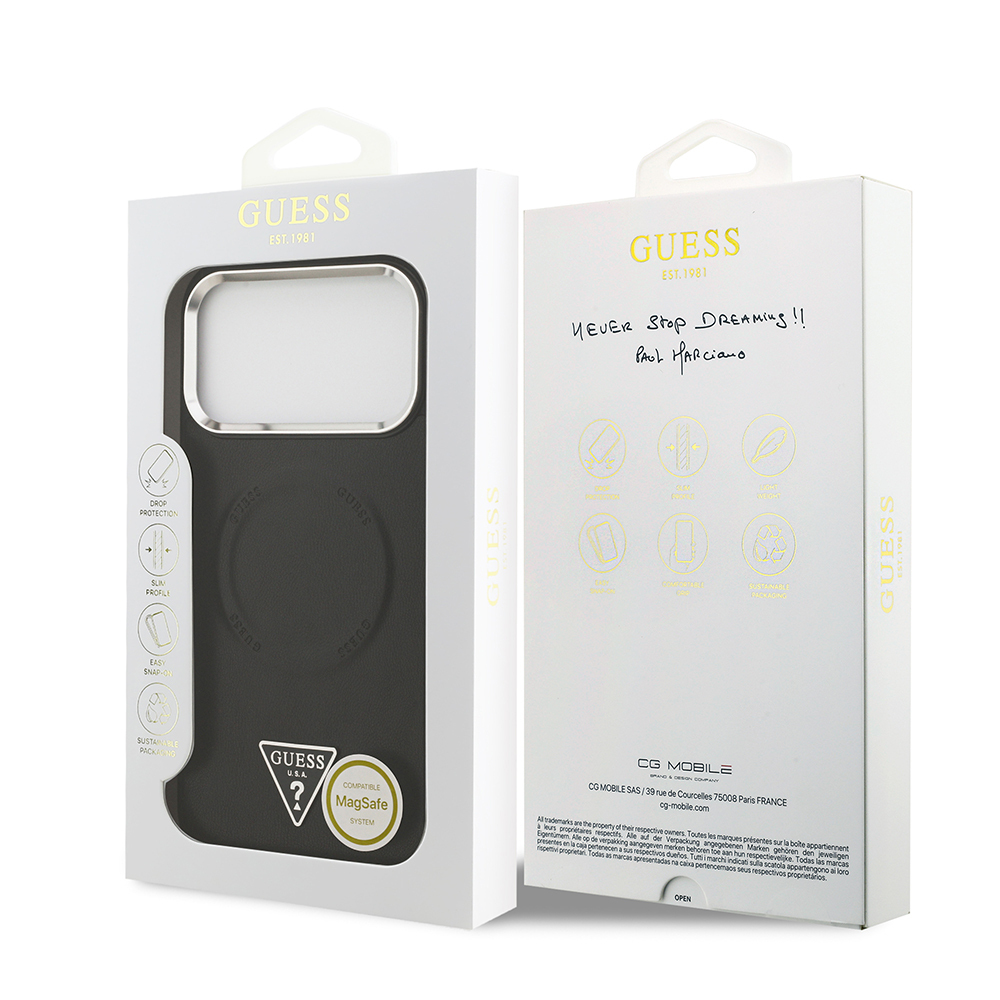 Apple iPhone 17 Pro Max Case Guess Original Licensed M-safe Charging Function PU Leather Metal Camera Frame Triangle Logo Cover - 9