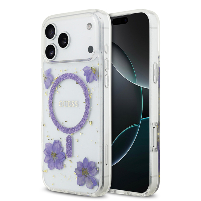 Apple iPhone 17 Pro Max Case Guess Original Licensed M-safe Charging Transparent Resin Flowers Cover Purple
