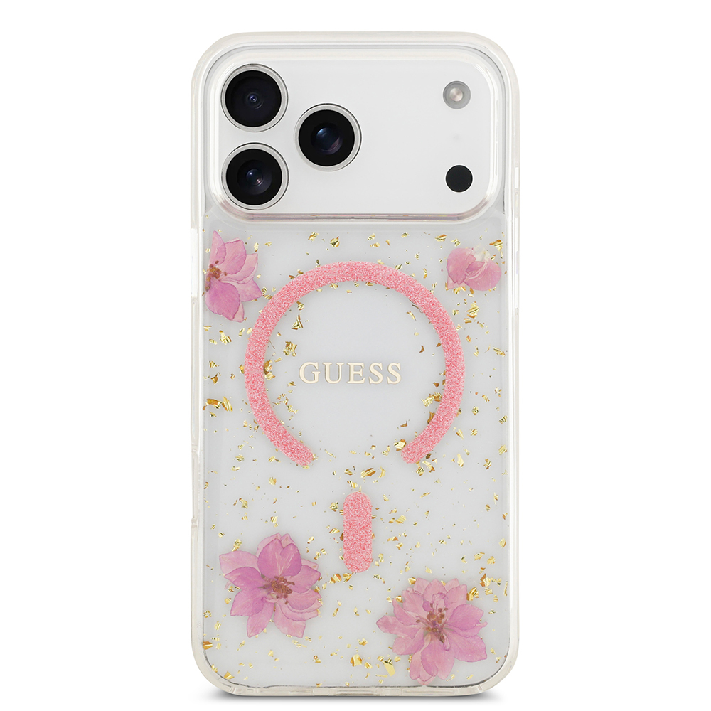 Apple iPhone 17 Pro Max Case Guess Original Licensed M-safe Charging Transparent Resin Flowers Cover - 11