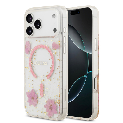 Apple iPhone 17 Pro Max Case Guess Original Licensed M-safe Charging Transparent Resin Flowers Cover Pink