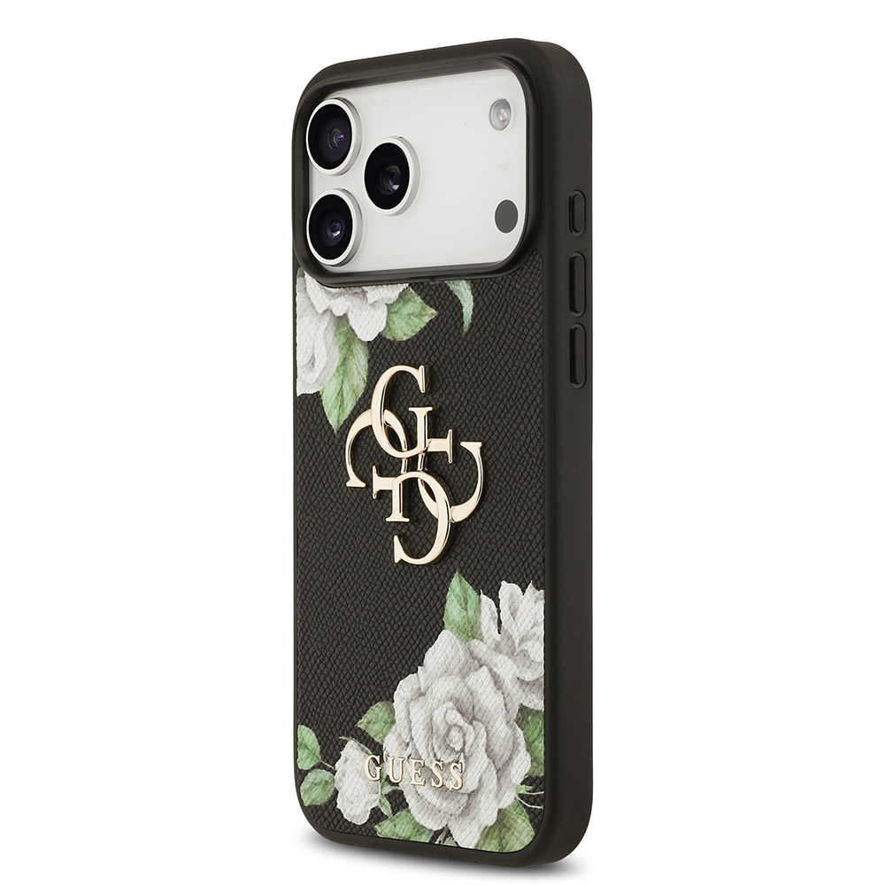 Apple iPhone 17 Pro Max Case Guess Original Licensed Rose Printed Large Metal Logo Design Cover - 4