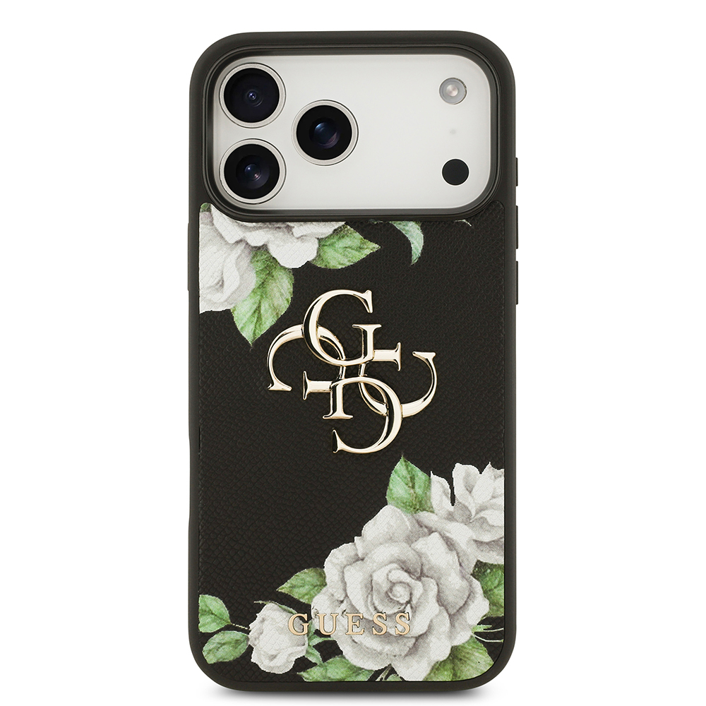 Apple iPhone 17 Pro Max Case Guess Original Licensed Rose Printed Large Metal Logo Design Cover - 5