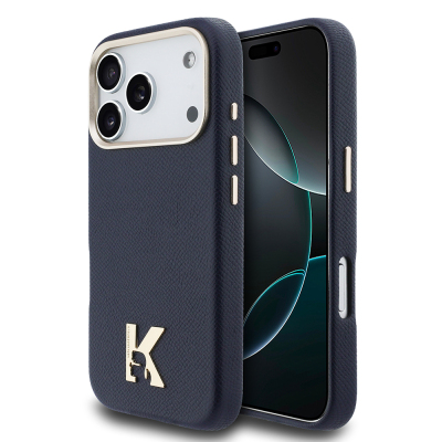 Apple iPhone 17 Pro Max Case Karl Lagerfeld Original Licensed M-safe Charging Enabled Gold Camera Frame KHEAD Metal Logo PU Leather Cover Navy blue