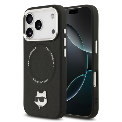 Apple iPhone 17 Pro Max Case Karl Lagerfeld Original Licensed M-Safe Charging Feature Metal Camera and Button Design Choupette PU Leather Cover Black