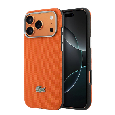 Apple iPhone 17 Pro Max Case, Lacoste Original Licensed, M-Safe Charging Enabled, PVC Semi-Pique Patterned Back, Iconic Crocodile Weave Logo Cover Orange