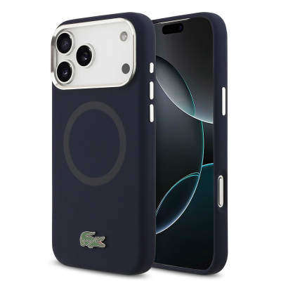 Apple iPhone 17 Pro Max Case Lacoste Original Licensed M-Safe Charging Feature Iconic Logo Metal Camera Frame Silicone Cover Navy blue
