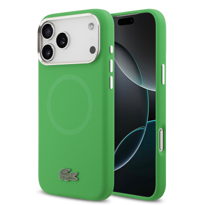 Apple iPhone 17 Pro Max Case Lacoste Original Licensed M-Safe Charging Feature Iconic Logo Metal Camera Frame Silicone Cover Green