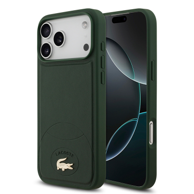 Apple iPhone 17 Pro Max Case Lacoste Original Licensed M-Safe Charging Feature PU Leather Design Metal Logo Cover Green