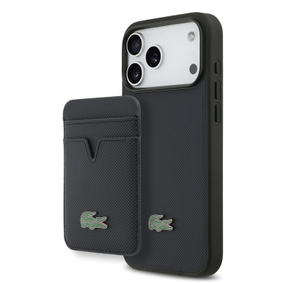 Apple iPhone 17 Pro Max Case Lacoste Original Licensed M-Safe Charging Feature PU Pique Pattern Metal Logo Card Holder Cover Navy blue