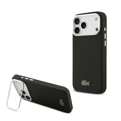 Apple iPhone 17 Pro Max Case Lacoste Original Licensed M-safe Charging Feature PU Pique Pattern Stand Metal Logo Cover Black