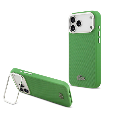 Apple iPhone 17 Pro Max Case Lacoste Original Licensed M-safe Charging Feature PU Pique Pattern Stand Metal Logo Cover Green