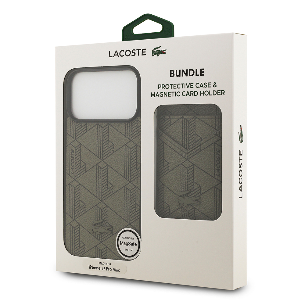 Apple iPhone 17 Pro Max Case Lacoste Original Licensed M-Safe Charging Function PU Leather Design Card Holder Mixed Monogram Pattern Cover - 22