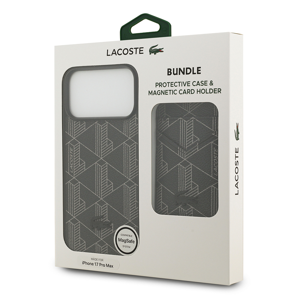 Apple iPhone 17 Pro Max Case Lacoste Original Licensed M-Safe Charging Function PU Leather Design Card Holder Mixed Monogram Pattern Cover - 23