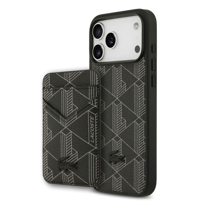 Apple iPhone 17 Pro Max Case Lacoste Original Licensed M-Safe Charging Function PU Leather Design Card Holder Mixed Monogram Pattern Cover Black