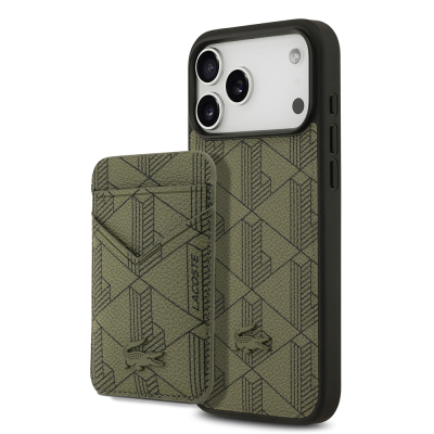 Apple iPhone 17 Pro Max Case Lacoste Original Licensed M-Safe Charging Function PU Leather Design Card Holder Mixed Monogram Pattern Cover Green
