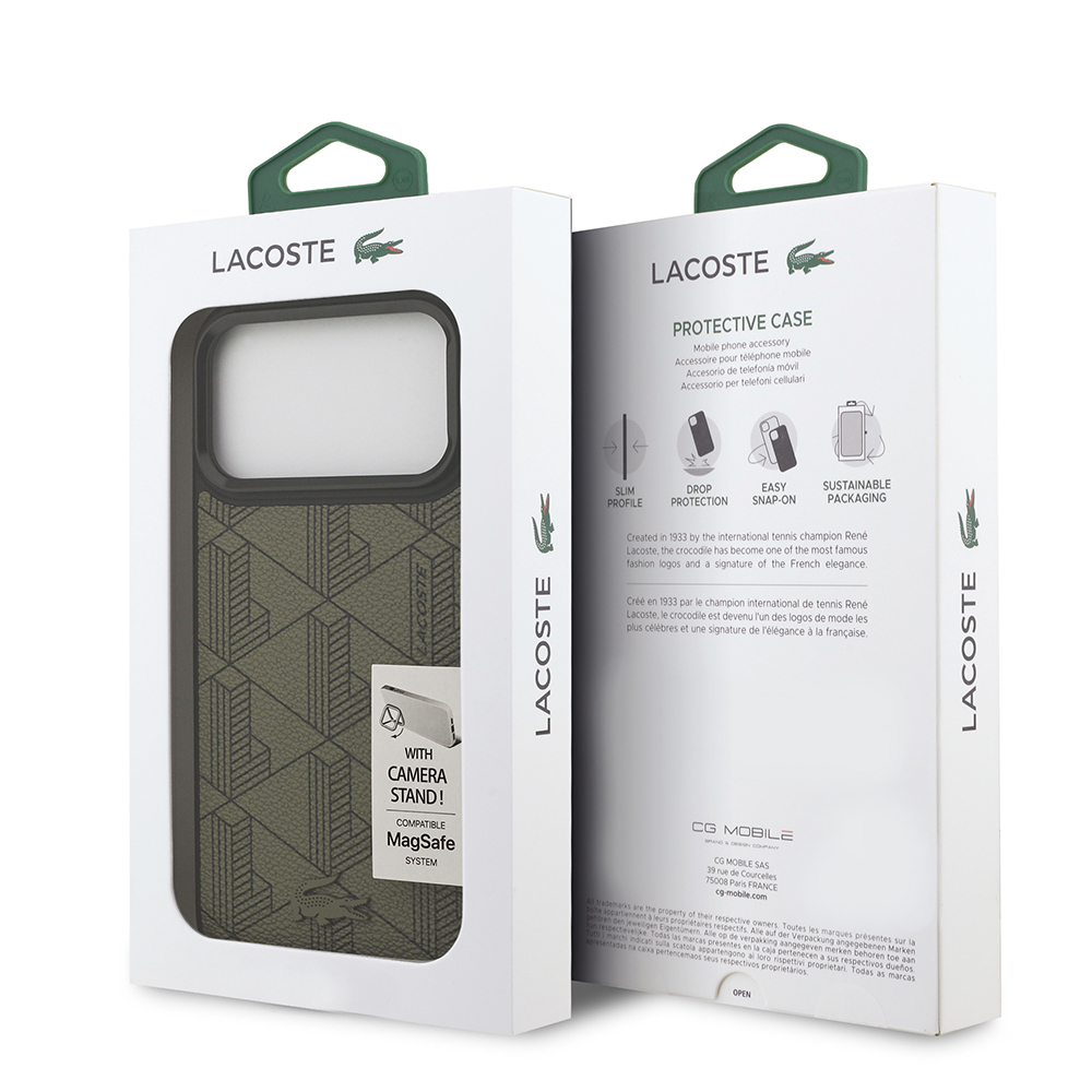 Apple iPhone 17 Pro Max Case Lacoste Original Licensed M-safe Charging Stand PU Leather Mixed Monogram Pattern Cover - 9