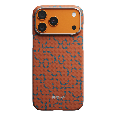 Apple iPhone 17 Pro Max Case M-safe Charging Enabled Aramid Fiber Pitaka Tactile Woven Monogram Series Cover Mavi-Turuncu