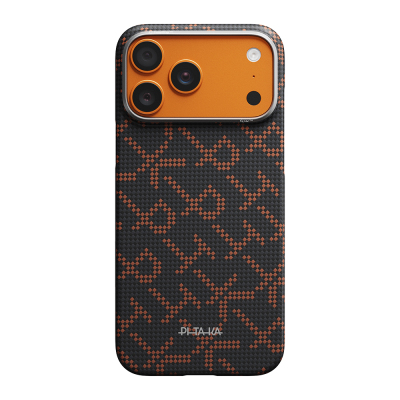 Apple iPhone 17 Pro Max Case M-safe Charging Enabled Aramid Fiber Pitaka Tactile Woven Monogram Series Cover Turuncu-Siyah