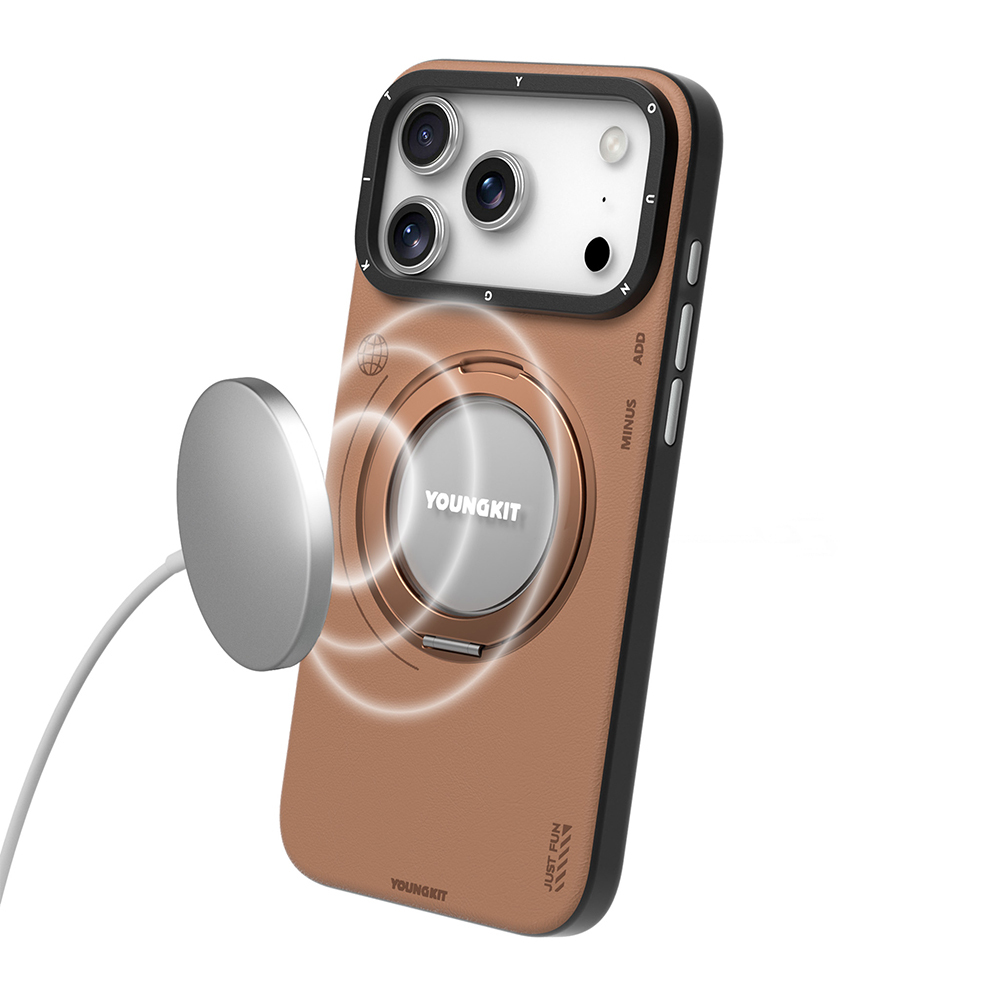 Apple iPhone 17 Pro Max Case with M-safe Charging Function, 360 Degree Stand, Simple Matte Leather Pattern, Youngkit Tech Leather Series Cover - 14