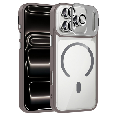 Apple iPhone 17 Pro Max Case with Stand and Camera Lens Gift Zore Etro Cover with M-Safe Charging Function Grey