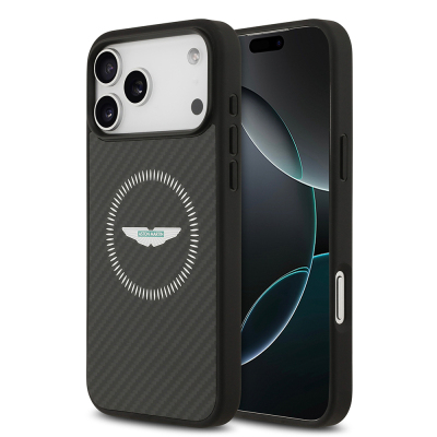 Apple iPhone 17 Pro Max Kılıf Aston Martin Orjinal Lisanslı M-safe Şarj Özellikli Karbon Fiber Kevlar Kapak Siyah