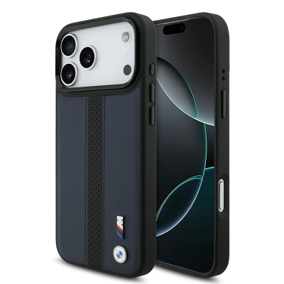 Apple iPhone 17 Pro Max Kılıf BMW Orjinal Lisanslı M-safe Şarj Özellikli Deri Arka Yüzey Metal Logolu Delikli Şerit Tasarımlı Kapak Lacivert