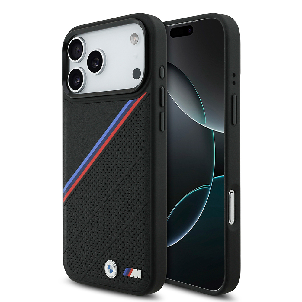 Apple iPhone 17 Pro Max Kılıf BMW Orjinal Lisanslı M-safe Şarj Özellikli M Logolu Üç Şeritli Delikli Deri Kapak - 1
