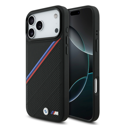 Apple iPhone 17 Pro Max Kılıf BMW Orjinal Lisanslı M-safe Şarj Özellikli M Logolu Üç Şeritli Delikli Deri Kapak Siyah