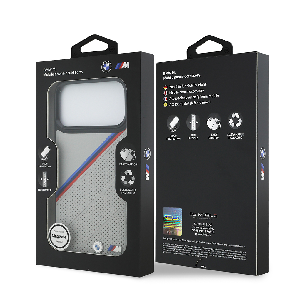 Apple iPhone 17 Pro Max Kılıf BMW Orjinal Lisanslı M-safe Şarj Özellikli M Logolu Üç Şeritli Delikli Deri Kapak - 17