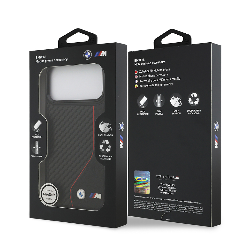 Apple iPhone 17 Pro Max Kılıf BMW Orjinal Lisanslı M-safe Şarj Özellikli Metal BMW ve M Logolu PU Karbon Tasarımlı Kapak - 17