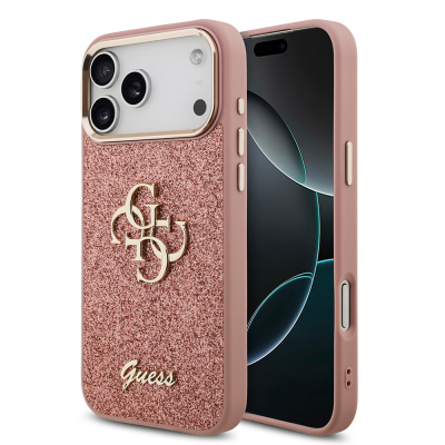 Apple iPhone 17 Pro Max Kılıf Guess Orjinal Lisanslı 4G Büyük Metal Kamera Çerçeveli ve Logolu Glitter Kapak Pembe