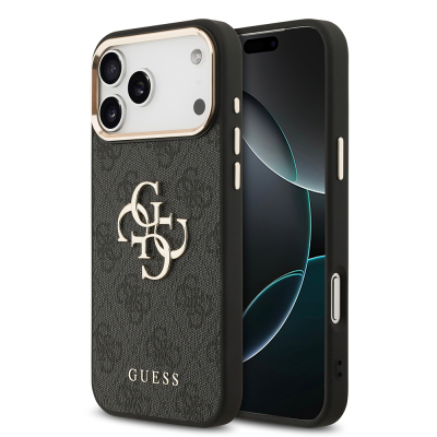 Apple iPhone 17 Pro Max Kılıf Guess Orjinal Lisanslı Gold Metal Kamera Çerçeveli 4G Desenli Metal Büyük 4G ve Yazı Logolu Kapak Siyah