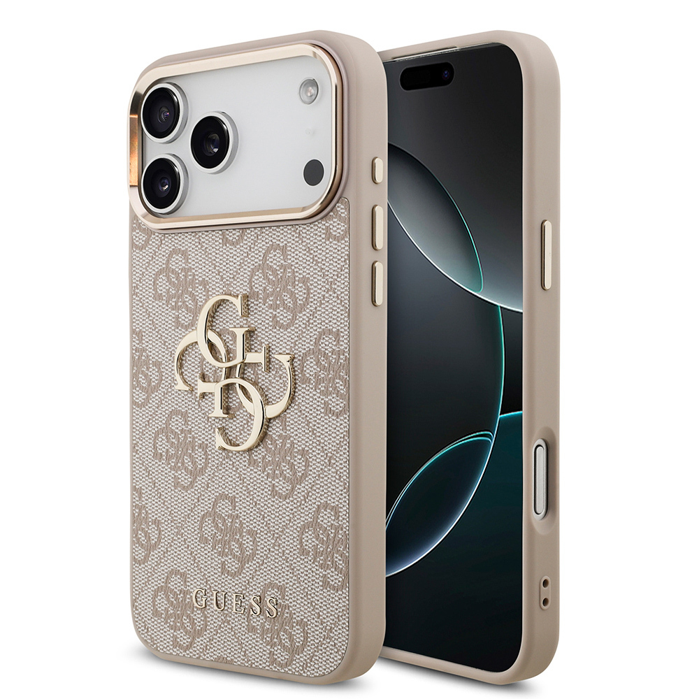 Apple iPhone 17 Pro Max Kılıf Guess Orjinal Lisanslı Gold Metal Kamera Çerçeveli 4G Desenli Metal Büyük 4G ve Yazı Logolu Kapak - 4