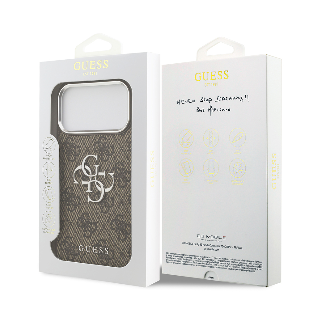 Apple iPhone 17 Pro Max Kılıf Guess Orjinal Lisanslı Gümüş Metal Kamera Çerçeveli 4G Desenli Metal Büyük 4G ve Yazı Logolu Kapak - 17