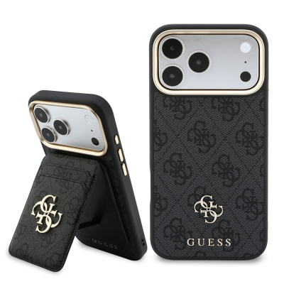 Apple iPhone 17 Pro Max Kılıf Guess Orjinal Lisanslı M-safe Şarj Özellikli 4G Büyük Metal Logolu Kartlıklı Kapak Siyah