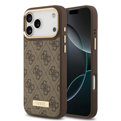 Apple iPhone 17 Pro Max Kılıf Guess Orjinal Lisanslı M-safe Şarj Özellikli 4G Desenli PU Metal Plaka Klasik Logolu Kapak Kahverengi