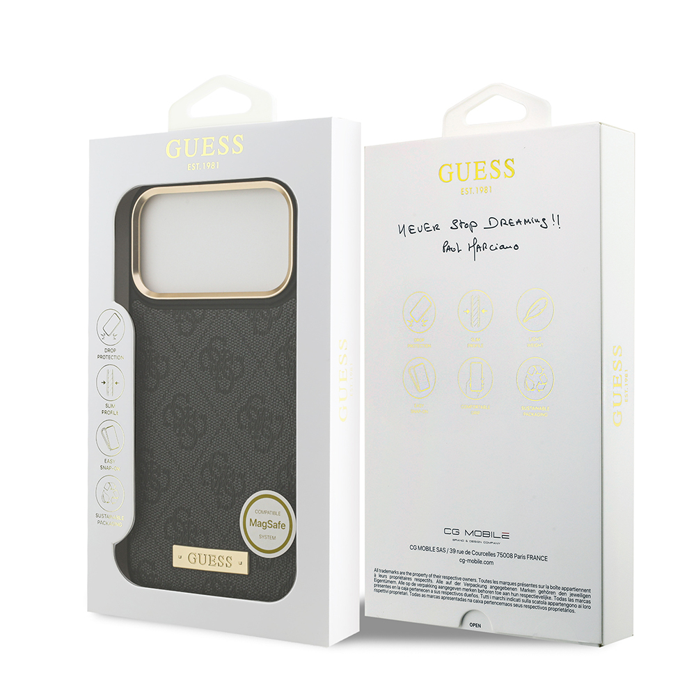 Apple iPhone 17 Pro Max Kılıf Guess Orjinal Lisanslı M-safe Şarj Özellikli 4G Desenli PU Metal Plaka Klasik Logolu Kapak - 24