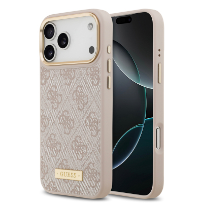 Apple iPhone 17 Pro Max Kılıf Guess Orjinal Lisanslı M-safe Şarj Özellikli 4G Desenli PU Metal Plaka Klasik Logolu Kapak Pembe